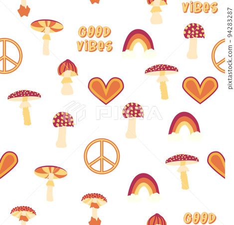 Magic psychedelic drug mushrooms, Chamomile, rainbow seamless pattern. Psychedelic hallucination. 60-70s hippie Magic psychedelic drug mushrooms, Chamomile, rainbow seamless pattern. Psychedelic hallucination. 60-70s hippie 94283287