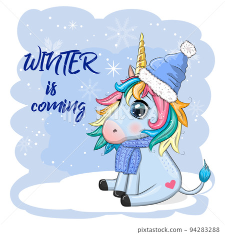 Cute cartoon unicorn in santa hat with gift, christmas ball, candy kane. New Year and Christmas holiday Cute cartoon unicorn in santa hat with gift, christmas ball, candy kane. New Year and Christmas holiday 94283288