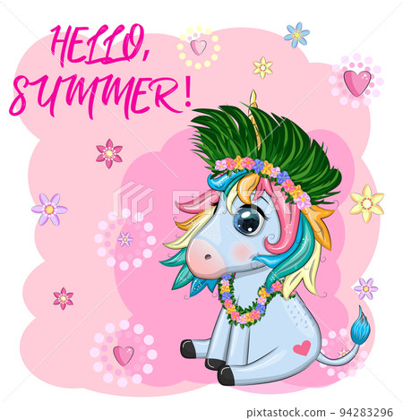 Cute cartoon unicorn dressed as a hula dancer, Hawaii, ready to go character. Summer, sea, palm trees, beach. 94283296
