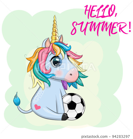 Cute cartoon unicorn with soccer ball, summer, kids games, club 94283297