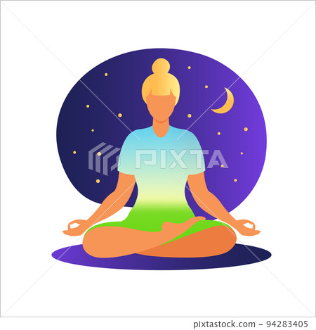 Woman meditating on nature background. Meditation concept. Woman sitting in lotus position practicing meditation. Vector illustration in flat style. Woman meditating on nature background. Meditation concept. Woman sitting in lotus position practicing meditation. Vector illustration in flat style. 94283405