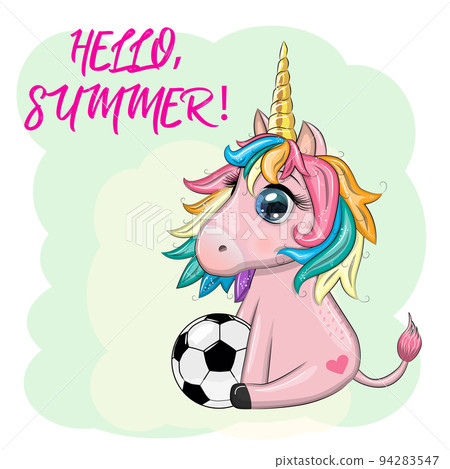 Cute cartoon unicorn with soccer ball, summer, kids games 94283547