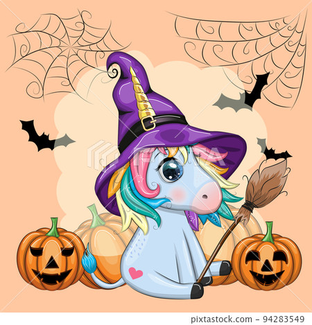 Cute cartoon unicorn in purple witch hat, with pumpkins, potion or broom, Halloween holiday character, banner Cute cartoon unicorn in purple witch hat, with pumpkins, potion or broom, Halloween holiday character, banner 94283549