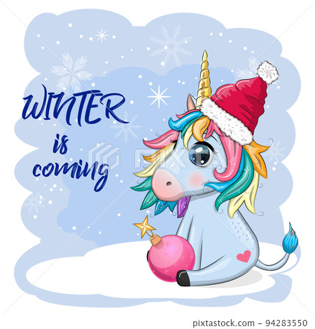 Cute cartoon unicorn in santa hat with gift, christmas ball, candy kane. New Year and Christmas holiday. Cute cartoon unicorn in santa hat with gift, christmas ball, candy kane. New Year and Christmas holiday. 94283550