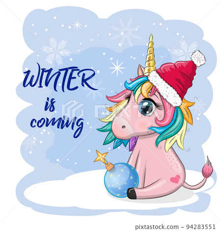 Cute cartoon unicorn in santa hat with gift, christmas ball, candy kane. New Year and Christmas holiday. Cute cartoon unicorn in santa hat with gift, christmas ball, candy kane. New Year and Christmas holiday. 94283551