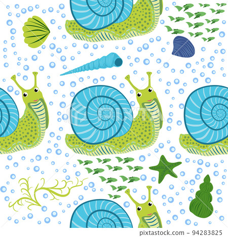 Snail, sea inhabitants seamless pattern, beautiful character among seashells, seaweed, starfish, sea animals of wildlife Snail, sea inhabitants seamless pattern, beautiful character among seashells, seaweed, starfish, sea animals of wildlife 94283825
