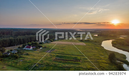 Drone view over summer sunset river Ros landscape, Ukraine. 94283974