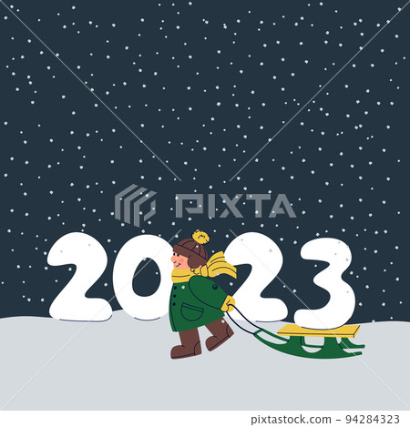 A happy child is carrying 2023 on a sled. Vector Christmas illustration. 94284323