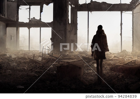Survivor against the apocalyptic backdrop of a destroyed city. Survivor of nuclear war. 3d rendering 94284839