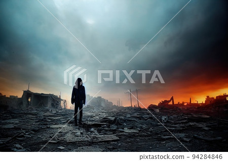 Survivor against the apocalyptic backdrop of a destroyed city. Survivor of nuclear war. 3d rendering Survivor against the apocalyptic backdrop of a destroyed city. Survivor of nuclear war. 3d rendering 94284846