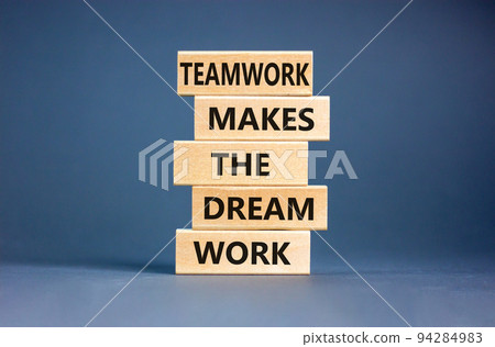 Teamwork makes the dream work symbol. Concept words Teamwork makes the dream work on wooden blocks on a beautiful grey table grey background. Business Teamwork makes dream work concept. Copy space. Teamwork makes the dream work symbol. Concept words Teamwork makes the dream work on wooden blocks on a beautiful grey table grey background. Business Teamwork makes dream work concept. Copy space. 94284983