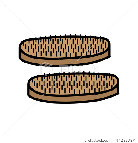 Sadhu feet standing wooden board symbol. Yoga practice desk. 94285387