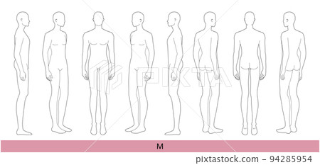 Set of M Size Men Fashion template 9 head size Croquis Gentlemen model skinny body figure front, side, 3-4, back view. Set of M Size Men Fashion template 9 head size Croquis Gentlemen model skinny body figure front, side, 3-4, back view. 94285954