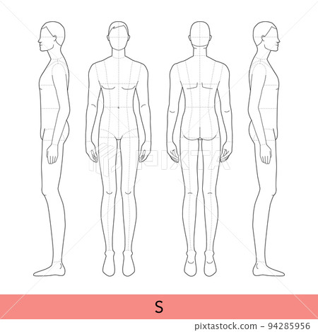 Set of S size Men Fashion template 9 nine head size Croquis with main lines Gentlemen model skinny body figure front 94285956