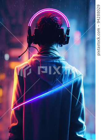 A realistic portrait of a man in neon light...-插圖素材 [94288029] - PIXTA圖庫