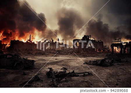 A post-apocalyptic ruined city. Destroyed buildings, burnt-out vehicles and ruined roads. 3D rendering 94289088