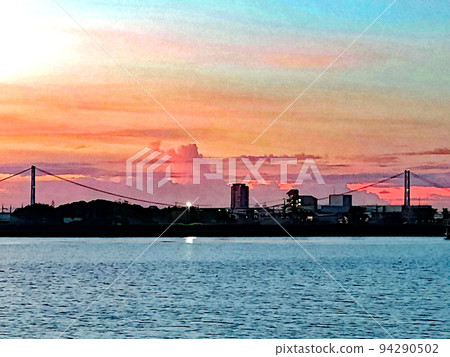 晨光“水庫水面”和“明石海峽大橋”水彩風格 晨光“水庫水面”和“明石海峽大橋”水彩風格 94290502