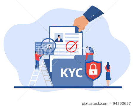 KYC or know your customer with business verifying the identity of its clients concept at the partners-to-be through a magnifying glass Idea of business identification and finance safety. 94290637