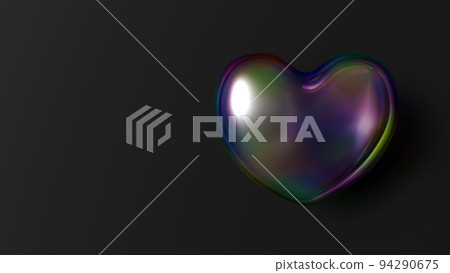 黑色背景上心形肥皂泡的 3D 插圖。 94290675