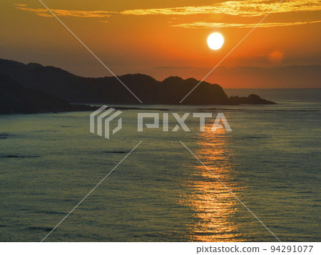 Beautiful sunset at Cape Rokkozaki, Suzu City, Ishikawa Prefecture (aerial photography by drone) 94291077