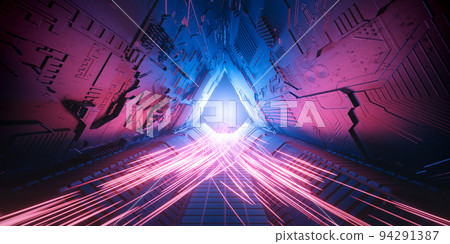 3d rendering abstract sci fi and technology background. Metal sci fi corridor with red light trail. 94291387