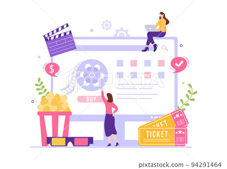 Cinema Ticket Movie for Film Entertainment, Popcorn and Strip Cinematography Template Hand Drawn Cartoon Flat Illustration 94291464