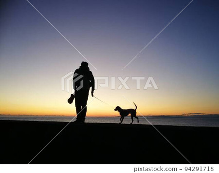 一個人在日落時在海邊遛狗 一個人在日落時在海邊遛狗 94291718