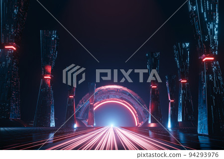 3d rendering sci fi scene illustration. Metal pillar with light trail and circle gate at horizon. Abstract technology background. 3d rendering sci fi scene illustration. Metal pillar with light trail and circle gate at horizon. Abstract technology background. 94293976