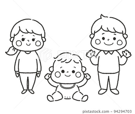 Full-body illustration material line drawing of a smiling baby and family 94294703