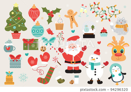 Christmas party cute set in flat cartoon design. Bundle of festive tree with toys, cupcake, gingerbread man, garland, gift, Santa Claus, snowman, deer and other. Vector illustration isolated elements 94296320