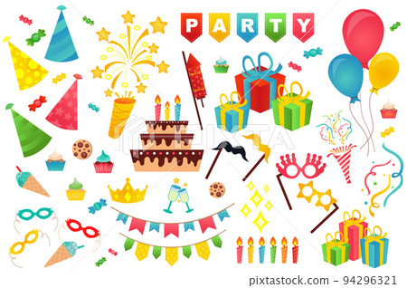 Birthday party cute set in flat cartoon design. Bundle of festive hat, firework, garland, cake, gift, balloon, glasses, crown, sweet, cupcake, candle and other. Vector illustration isolated elements Birthday party cute set in flat cartoon design. Bundle of festive hat, firework, garland, cake, gift, balloon, glasses, crown, sweet, cupcake, candle and other. Vector illustration isolated elements 94296321