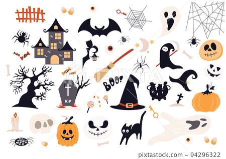 Halloween cute set in flat cartoon design. Bundle of old castle, bat, web, ghost, candy, tree, gravestone, broom, witch cap, key, pumpkin, black cat and other. Vector illustration isolated elements 94296322