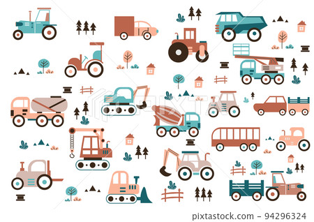 Transport and construction machinery cute set in flat cartoon design. Bundle of tractor, truck, dump, crane, excavator, concrete mixer, forklift, car and other. Vector illustration isolated elements Transport and construction machinery cute set in flat cartoon design. Bundle of tractor, truck, dump, crane, excavator, concrete mixer, forklift, car and other. Vector illustration isolated elements 94296324