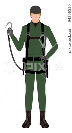 Male carpenter worker wearing full harness, lanyard and waist gear 94296530