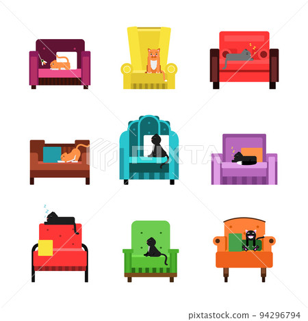 Cat Pet Sitting and Lying on Armchair as Funny Domestic Animal Vector Set 94296794
