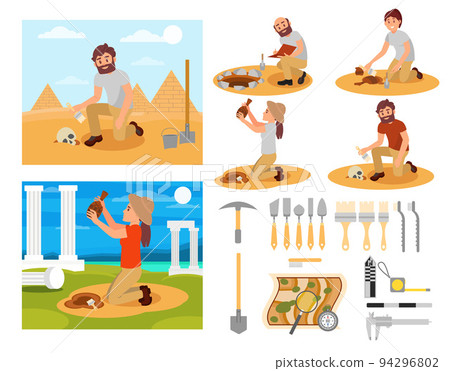 Archaeologist Man and Woman Engaged in Ancient Artifact Excavation with Tool Vector Set 94296802