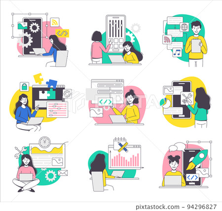 App Dev Professional Developing Software Application for Mobile Device Vector Set 94296827