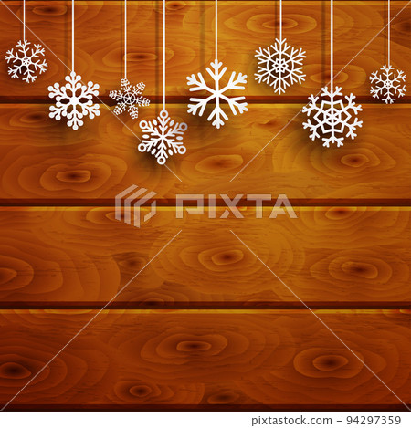 Christmas background with hanging snowflakes on wooden planks 94297359