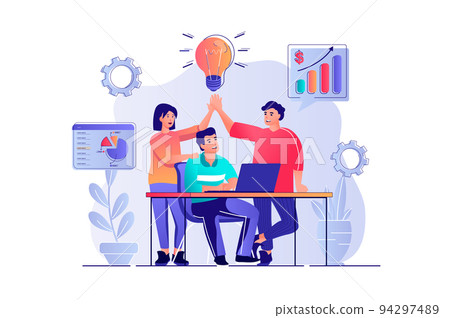 Teamwork concept with people scene. Man and woman brainstorming colleagues discuss work tasks, generate ideas and collaboration in office. Vector illustration with characters in flat design for web 94297489