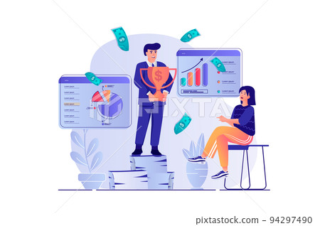 Business award concept with people scene. Man celebrating victory with trophy cup, woman congratulates colleague, teamwork and achieve goals. Vector illustration with characters in flat design for web 94297490