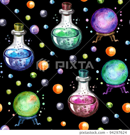 Watercolor halloween seamless pattern with pumpkin, candles and bats 94297624