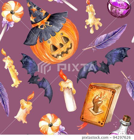 Watercolor halloween seamless pattern with pumpkin, candles and bats 94297626