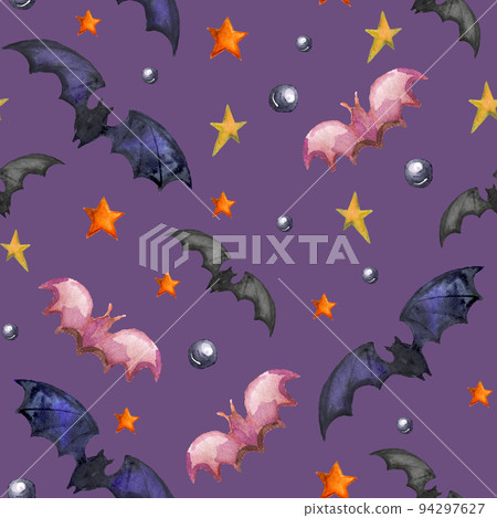 Watercolor halloween seamless pattern with bats and stars 94297627