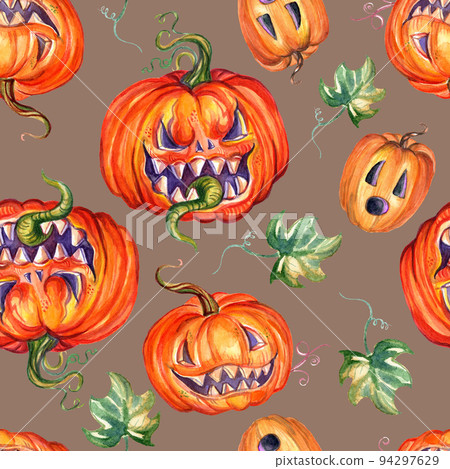Watercolor halloween seamless pattern with scary pumpkins Watercolor halloween seamless pattern with scary pumpkins 94297629