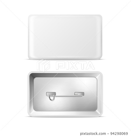 Vector 3d Realistic Rectangular White Metal, Plastic Blank Empty Button Badge Icon Isolated. Button Pin Badge. Glossy Brooch Pin. Front View - Front and Back Side. Template for Branding, Mock-up 94298069