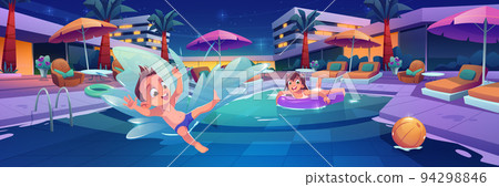 Kids swim and play in pool in luxury hotel 94298846