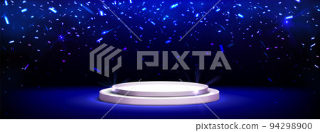 Podium with falling confetti, round gold shiny Podium with falling confetti, round gold shiny 94298900