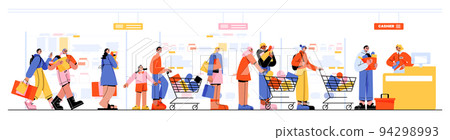 People queue in supermarket, customers with goods 94298993