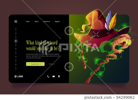 Banner of wizard kinds with magic staff, wand, hat Banner of wizard kinds with magic staff, wand, hat 94299062