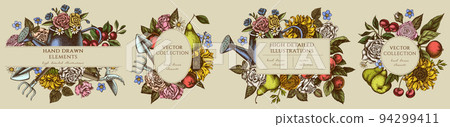 Gardening hand drawn frame templates. Vintage illustrations of watering can, apples, cherry, rose, pears, shovel, rake, secateurs, chamomile, sunflower, forget me not flower, ranunculus, great orange 94299411